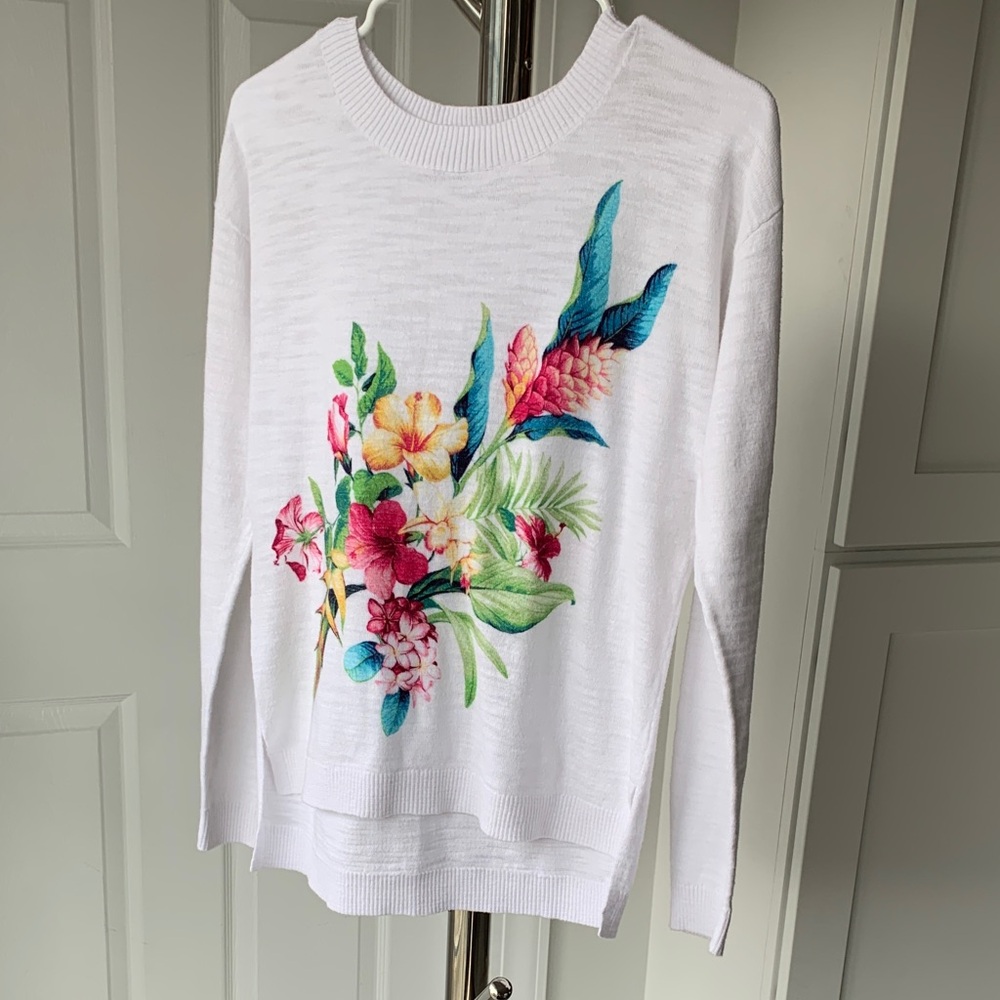 Tommy Bahama White Sweater with Vibrant Floral Print, size XS.